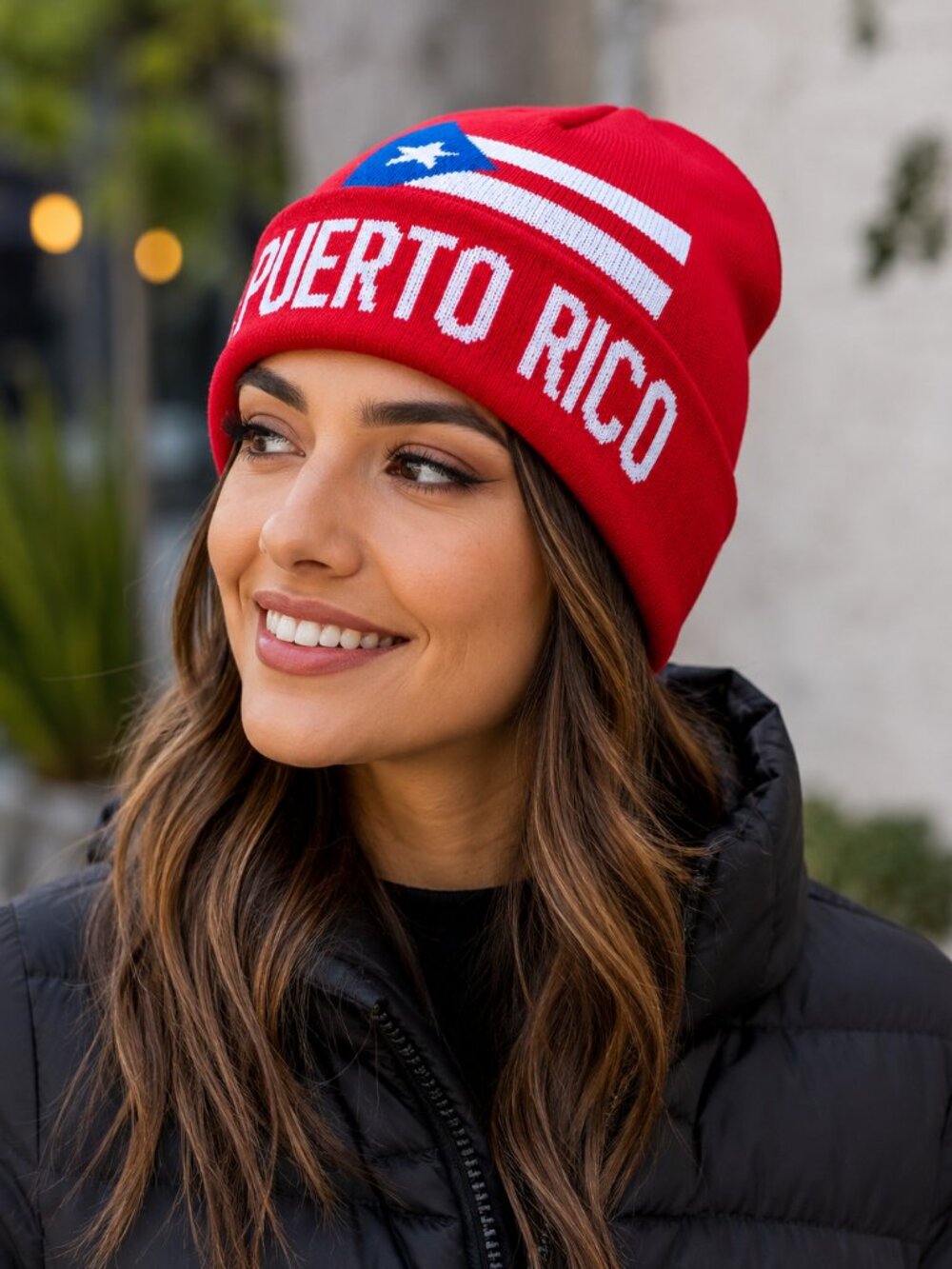 Puerto Rico Flag Knit Beanie | Red Cuffed Winter Hat | Unisex Warm Skull Cap